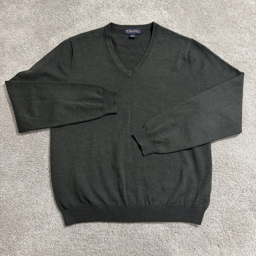 Brooks Brothers Sweater Mens Sz M Olive Green V-Neck Pullover Merino Wool Blend